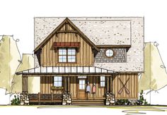 this is an artist's rendering of the front elevation of a rustic cabin house