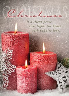 three red candles sitting next to each other on top of snow covered ground with christmas decorations