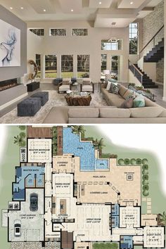 this is an image of a house plan with pool and living room in the middle