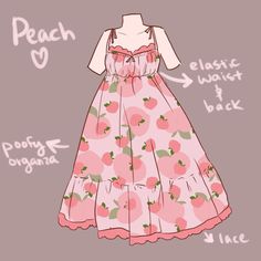 a dress with pink flowers on it and the words peach written in large letters below