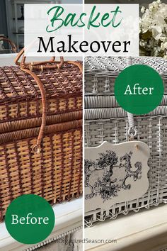 Left side a brown picnic basket. Right side the same basket painted white with a French wood sign hanging on the front of it! Vintage Picnic Basket Decor, Painted Baskets Ideas, Painted Wicker Baskets, Paint A Basket, Paint Baskets, French Shabby Chic Decor, Painting Baskets