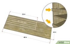 the measurements for a wooden bench with an arrow pointing up to it's bottom