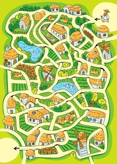 a maze board with houses and trees on it