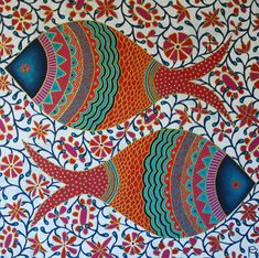 two fish are painted on a colorful wallpaper with red, blue and green colors