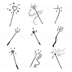 different types of sparklers and wands drawn in black ink on a white background