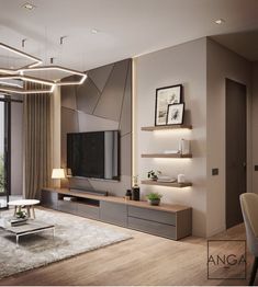 a modern living room with wood flooring and furniture