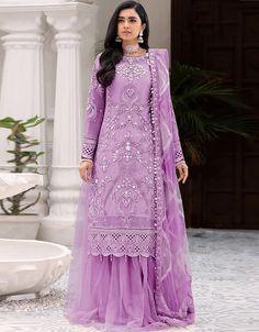 Light Purple Net Lehenga Suit Lehenga Suit, Palazzo Suit, Lehenga Style, Net Lehenga, Salwar Kamiz, Chiffon Collection, Embroidered Sleeves, Maria B, Embroidered Dupatta