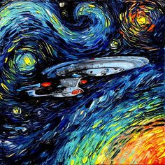 a painting of a star trek ship in the middle of a starry night sky