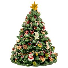 a ceramic christmas tree with ornaments on it