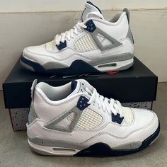 These Are In Awesome Condition! There Is Minor Creasing But Otherwise These Have Been Worn 5 Times At Most. The Box Has Very Minor Damage. From A Smoke Free Household! Jordan 4 White Midnight Navy, Jordan 4 Midnight Navy, Shoes Jordan, Kids Jordans, Midnight Navy, Jordan Shoes, The Box, Kids Shoes, White Blue