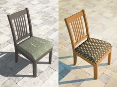 two wooden chairs sitting next to each other on top of a stone flooring area