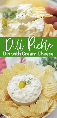 dip with cream cheese in a white bowl on top of crackers and a hand holding a spoon full of dip