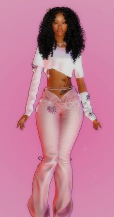 a digital drawing of a woman in white top and pink pants with her hands on her hips