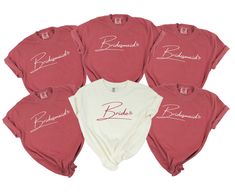 six red and white shirts with the word brides written on them in cursive font