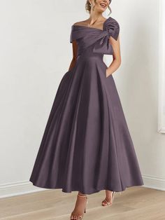 A-Line/Princess Off-the-Shoulder Sleeveless Ankle-Length Mother of the - Mondressy Two Color Dress Gowns, Mother Of The Bride Dresses Long Fall, Motb Dress, American Closet, Plus Size Wedding Guest Outfits, Fancy Woman, Plum Colored Dresses, Dresses With Ruffles, Dresses With Bow