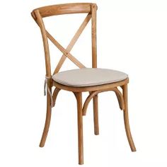 a wooden chair with a white seat cushion