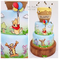 winnie the pooh birthday cake is decorated with fondant and hand - painted characters