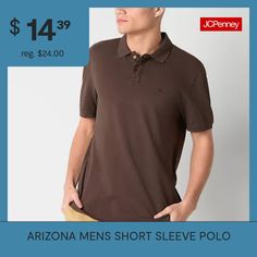 Crafted from 100% cotton, this Arizona men's short-sleeve polo shirt offers both comfort and style. It's cut for a regular-fit making it great for everyday wear and features a spread collar with a button closure. Style it with jeans, shorts, or khaki pants. Closure Type: Button, Pullover HeadFit: Regular FitNeckline: Collar NeckSleeve Length: Short SleeveApparel Length: 28.5 InchesFiber Content: 100% CottonFabric Description: PiqueCollar: Spread CollarCare: Machine Wash, Tumble DryCountry of Or… Short Sleeve Polo, Polo Shirts, Jeans Shorts, Men Short Sleeve, Shirts Tops, Khaki Pants, Arizona, Mens Short, Everyday Wear