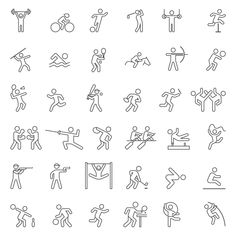 an image of people doing different activities in the gym or indoor activity line icon set