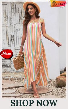 Bohemian Striped Print Sleeveless Holiday Maxi Dress Orange Halter Neck Sleeveless Dress For Vacation, Orange Halter Neck Sleeveless Dress For Summer, Spring Multicolor Sleeveless Dress For Vacation, Multicolor Sleeveless Dress For Vacation In Spring, Multicolor Sleeveless Dress For Spring Vacation, Casual Multicolor Sleeveless Sundress, Orange Sleeveless Dress For Beach Vacation, Orange Sleeveless Maxi Dress For Vacation, Orange Sleeveless Dress For Summer Vacation