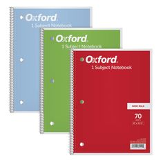 three oxford subject notebooks in various colors