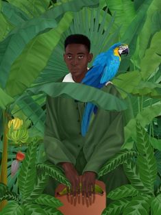 a painting of a man sitting in the jungle with a parrot perched on his shoulder