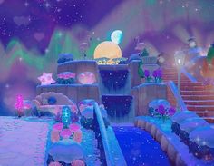 an animated scene with stairs and flowers in the foreground, stars on the background