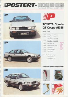 an advertisement for the toyota corolla gt coupe ae 86, featuring pictures of different parts