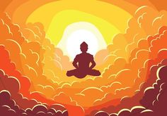 a buddha statue sitting in the middle of a cloud filled sky with sun behind it