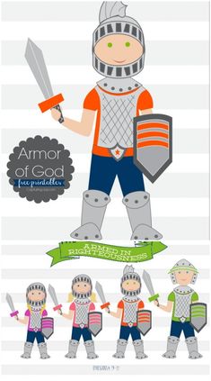 the armor of god character is shown in three different poses, including two knights and one knight