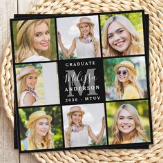 the graduation announcement card is shown on top of a wicker basket, with photos of women in hats