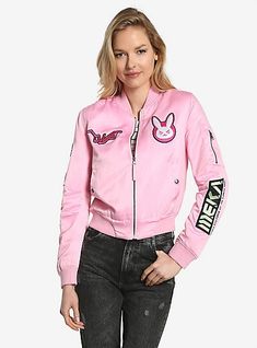 https://www.boxlunch.com/product/overwatch-d.va-patch-womens-bomber-jacket/10855970.html?cgid=new Overwatch Drawings, Mens Black Jacket, Kawaii Things, Cute Dress Outfits, Plus Size Outerwear, Patches Jacket, Flight Jacket, Pink Jacket, Kawaii Clothes