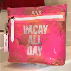 Vs Pink Vacay All Day Cosmetic Bag Great For Cosmetics, Travel, Beach, Pool, Etc. Water Resistant Front Zipper Closure Measures: 7½"L X 3"W X 7¾"H Make An Offerbundle And Save Pink Shopping Bag With Zipper Pouch, Pink Beach Bag With Zipper Pouch, Pink Vacation Bag With Zipper Pouch, Pink Tote Shoulder Bag For Weekend, Pink Pouch Cosmetic Bag For Summer, Pink Rectangular Cosmetic Bag For Summer, Summer Pink Rectangular Cosmetic Bag, Trendy Pink Weekend Bag, Trendy Pink Bag For Weekend