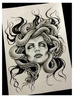 a drawing of a woman with snakes on her head