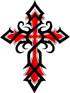 a cross with red and black designs on it