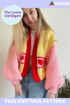 a woman wearing a pink and yellow knitted cardigan with the text free knitting pattern