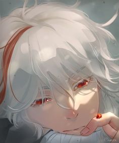 an anime character with white hair and red eyes is looking at the camera while holding his hand near his face