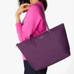 Nwt Kate Spade Kitt Large Tote Ripe Plum Price Is Strictly Firm Elegant Nylon Shoulder Bag For Shopping, Casual Nylon Kate Spade Bag, Kate Spade Nylon Bags For Everyday Use, Kate Spade Nylon Bag With Zipper Closure, Kate Spade Purple Bags, Purple Shoulder Bag For On-the-go, Purple Travel Bags, Everyday Nylon Shoulder Bag, Kate Spade Purple Shoulder Bag For Everyday Use