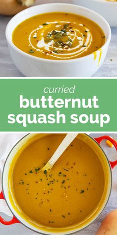 two pictures of butternut squash soup in white bowls