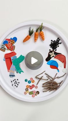 a paper plate with buttons and stickers on it