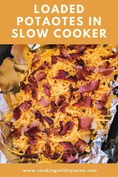 loaded potatoes in slow cooker with text overlay