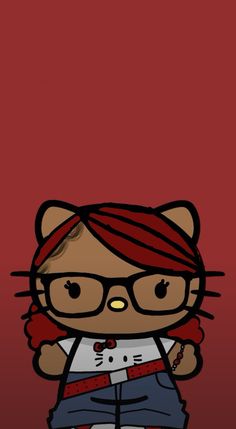 a cartoon character with glasses and a cat on it's head, standing in front of a red background