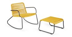 two chairs and a stool made out of wood with black metal legs, one is yellow