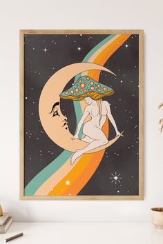 a woman sitting on the moon with a hat on her head and stars in the background