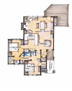 the floor plan for a house with two bedroom and an attached living room, including a kitchen