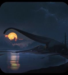 an artist's rendering of a giant dinosaur in front of the moon and water