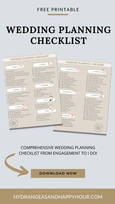 the wedding planning checklist is shown with two pages and an arrow pointing to it