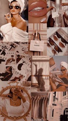 a collage of photos with women's clothing and accessories on display in front of them