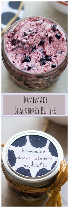 homemade blackberry butter in a glass bowl with the words homemade blackberry butter on top and below