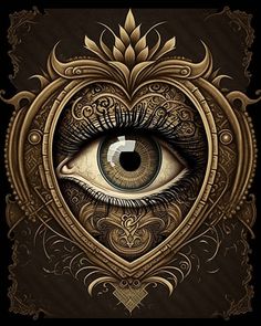 an eye is shown in the center of a heart shaped frame with ornate designs on it